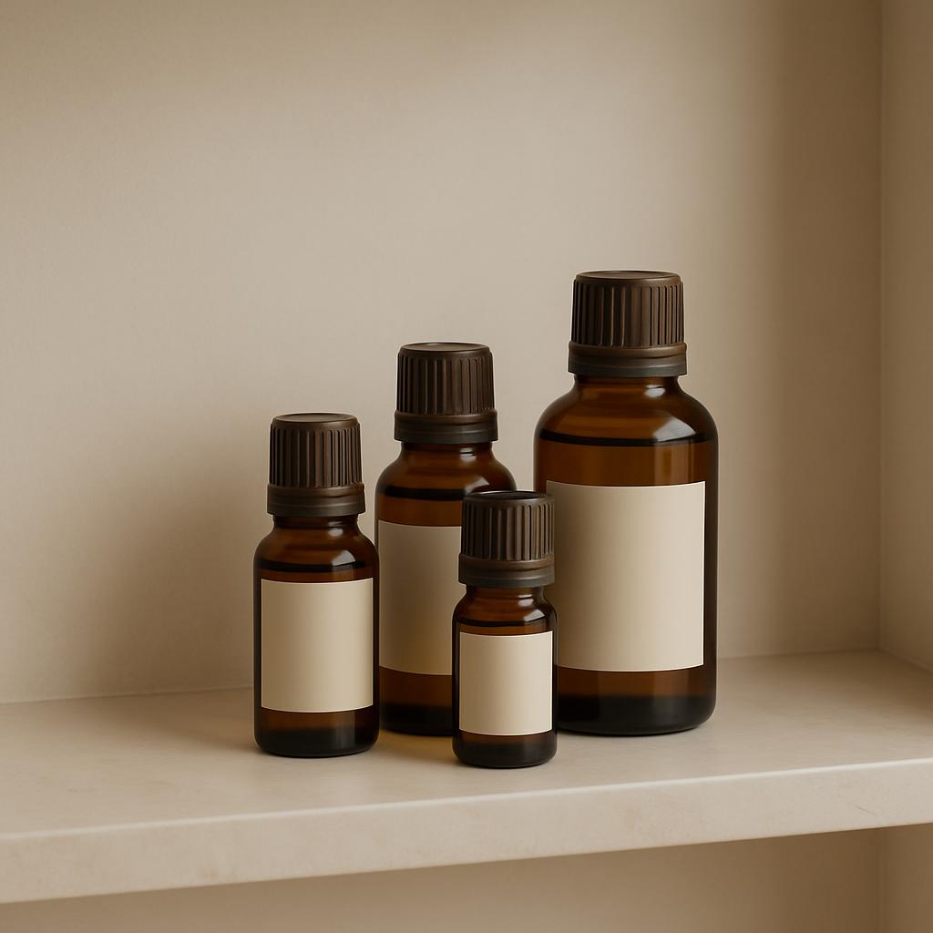 The alt text for the image reads: "Brown glass bottles arranged on a shelf".